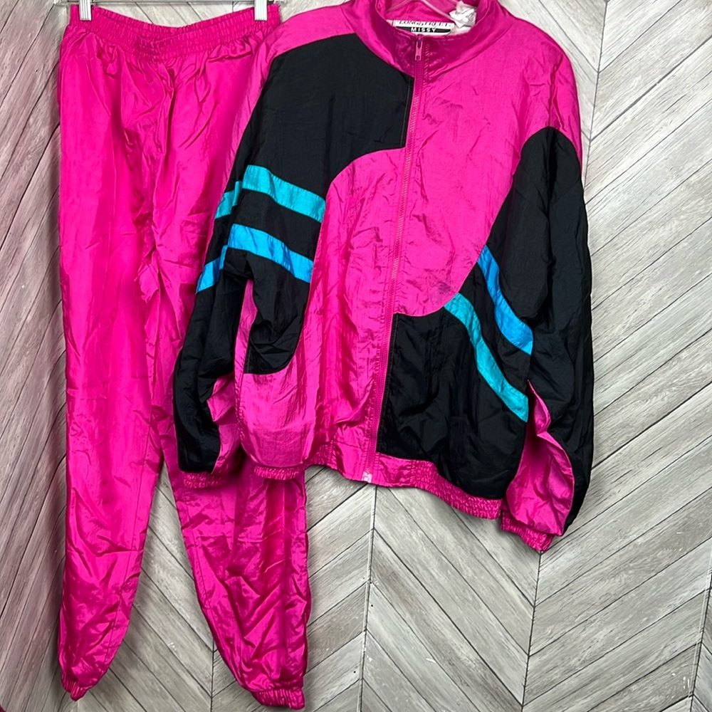Vintage 80’s Matching 2 Piece Blue Pink Purple Colorblock Tracksuit Size Large